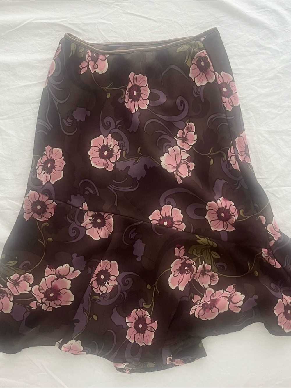 Women's Floral A-Line Midi Skirt in Black with Pink Floral Print